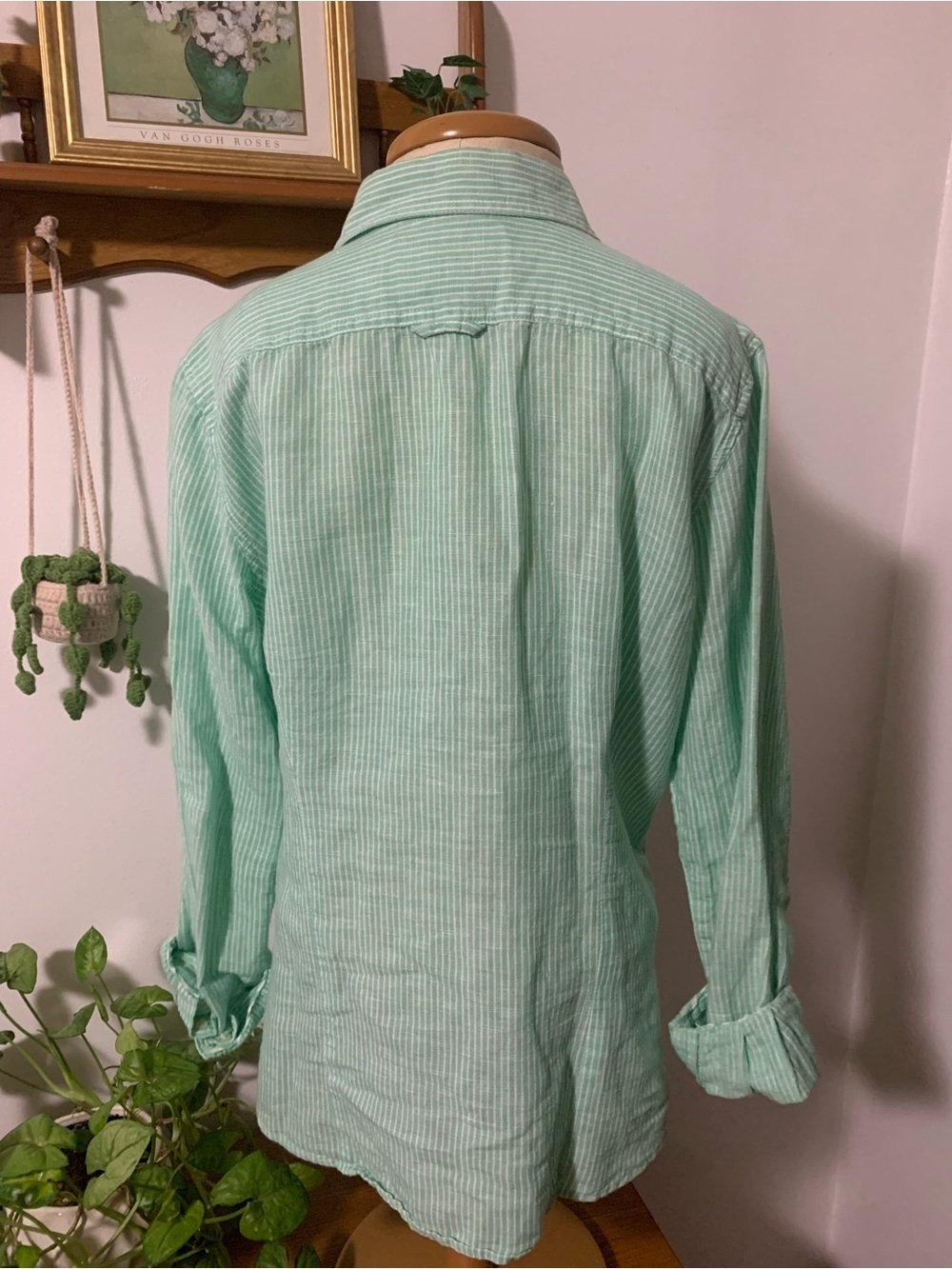 Banana Republic Soft Wash Linen Cotton Mint Green and White Pinstripe Shirt M - Picture 10 of 16